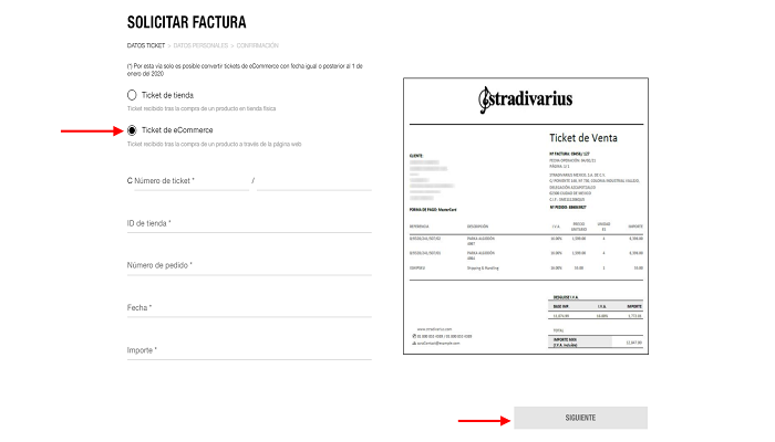 Ejemplo de carga de datos compra virtual de Stradivarius