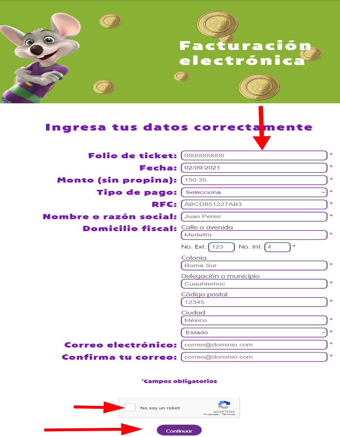Paso 1 de factura electrónica Chuck e Cheeses 